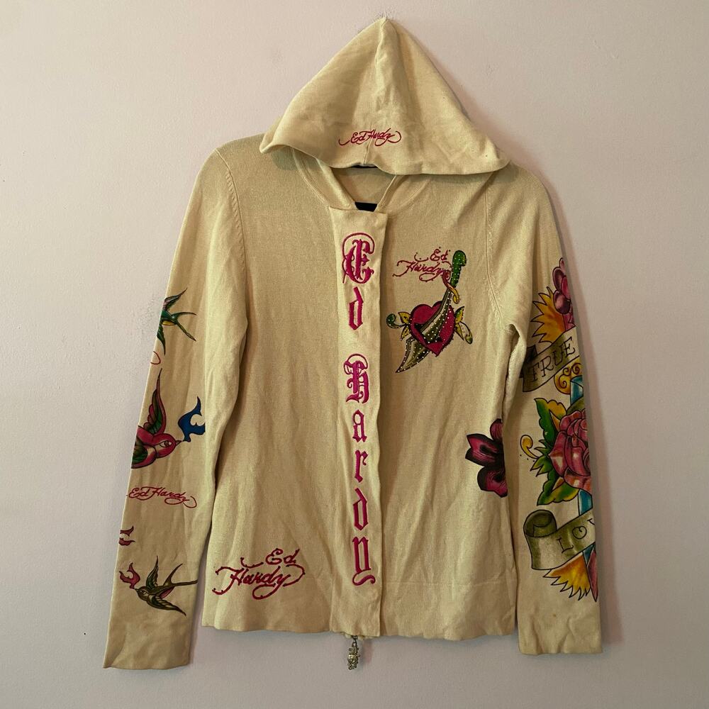 Ed Hardy Cream Zip-Up Sweater Floral Rhinestone Christian Audigier Women's Large